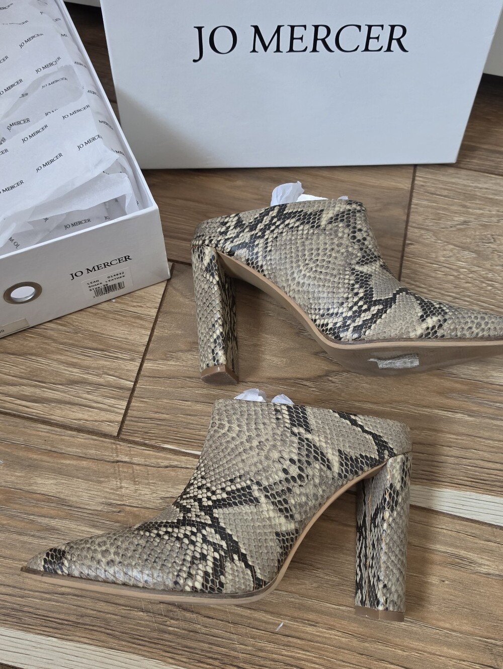 JO MERCER Leather Mule Heels, Snake Animal Print LEAH Shoes Tan Brown - Picture 9 of 11